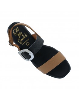 Oh My Sandals Δερμάτινα Πέδιλα Flat Μαύρα-Καφέ 5894